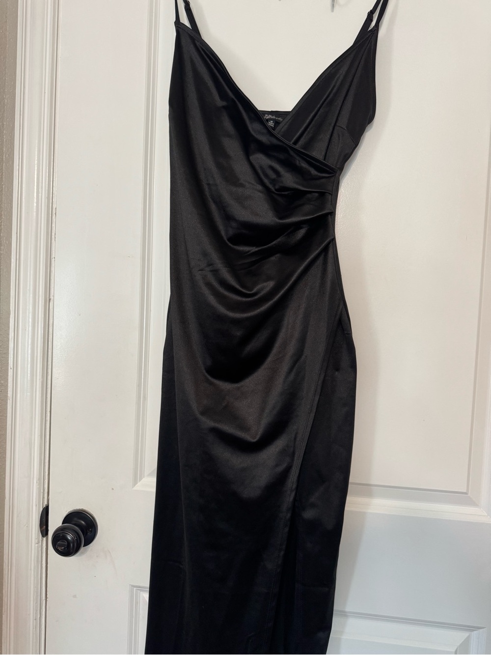 Black Satin Slip Dress with Draped Front